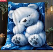 One Teddy Bear Design on a Blue Backdrop Blanket Flannel Throw for Sofa, Outdoor, Camping Living Room Office Winter Warmth Size: 75*100cm, Weight: 230 GSM