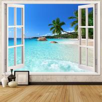 Beach Landscape Tapestry, Tropical Ocean Island Palm Trees Living Room Seaside Tapestry Summer Window Wall Hanging 100X70CM