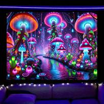 UV Reaktyvus grybų miško gobelenas, šviečiantis juodojoje šviesoje, psichodelinė neoninė upė, sienos dekoracija miegamajam 100X70CM blue