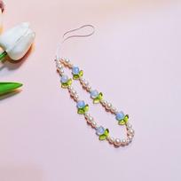 Pearl Bead Tulip Bead Phone Charm Strap Glass Flowers Beaded Cellphone Strap  Keychain mėlyna