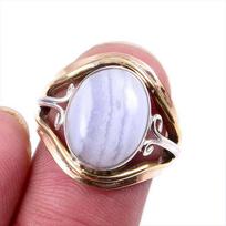 Natural Blue Lace Agate Gemstone 925 Solid Silver Two Tone Ring Size 5.5US W2M64