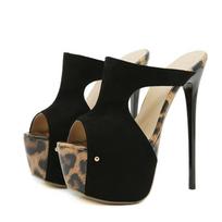 Liyke Sexy Leopard Print Peep Toe 16CM Extreme High Heels Modern Slippers Women Platform Sandals Summer Party Banquet Shoes 35 juoda