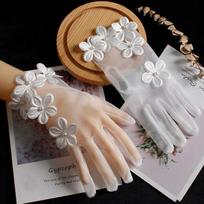 Elegant Lace Tulle Transparentes Bridal Wedding Party Dress Gloves Flower Sheer Short Summer Mittens Lolita Accessories