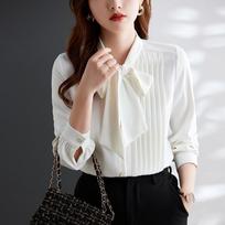 Lace-up Chiffon Long-sleeved Shirt for Women with Bow Tie Collar Irregular Design New Fashionable S