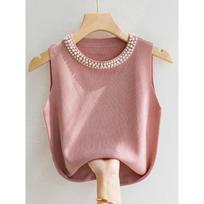 Knitted Vests Women Top Solid Tank Blusas Mujer De Moda Summer Fashion Female Sleeveless Beading Casual Thin Tops One Size rožinė
