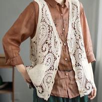 Spring Summer Vintage Hollow Out Vest Women Lace Outerwear Cape V-neck Waistcoat Single-breasted Sleeveless Cardigan Solid M