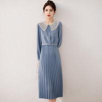 Spring Latest Contrasting Lace Collar Pleated Skirt with Sweet Temperament Waist-length Mid-length Dress for Women S