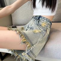 Retro Raw Edge Ripped Denim Shorts for Women Summer New Style High Waist Wide Leg Hot Pants Trendy S mėlyna
