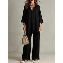 New Loose-fitting Casual Solid-color Women's Mid-length V-neck Lace-edged Wide-leg Pants Set S