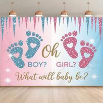2D Sparkle Gender Reveal Backdrop Baby Footprints  What Will Baby Be?  Studio Photography Background 47.2x31.5inch/120*80cm
