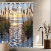 Beach Sunset Shower Curtain, Scenic Ocean & Pampas Grass Design, Fade-Resistant Polyester, Bath Decor W60H190(CM)-1 Pcs