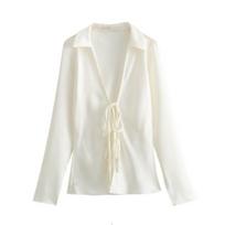Women Shirt Lapel Long Sleeve Shirt with Lace-up Sexy Hollow Effect Silk Satin Textured Bow Detail Solid Color Shirt Tops S