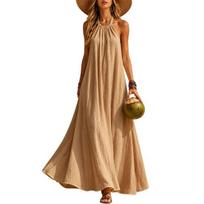 Women Halter Neck Maxi Linen Dress, Sleeveless A-Line Loose Casual Long Dress, Summer Flowy Vacation Beach Sundress S chaki