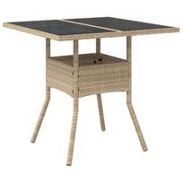 vidaXL Stalas su stikliniu stalviršiu, smėlio, 80x80x75cm, PE ratanas