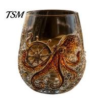 Embossed Ship Rudder Glass Octopus Pirate Whiskey Glass, Sea Creature Tentacle Engraved Tumbler, Nautical Vintage Themed Barware Rocks for Rum A