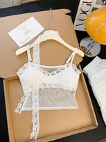 Lace-Paneled Polka-Dot Halter Top with Embroidered Straps Padded Cup and Sensual Ribbon-Tie Back