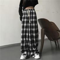 Oversize Women Sweatpants Black Plaid Casual Pants Baggy Elastic Waist Pockets Student Unisex Hip Hop Loose Trousers XS juoda