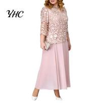 Women Maxi Dress Flower Embroidery See-through Lace Three Quarter Sleeve O Neck Fake Two-piece Loose Solid Color Plus Size Elegant Comfortable L