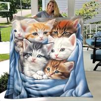 1pc Black Blanket Lovely Cat Printed for Home Living Room Bedroom Decoration New Year Christmas Gift Birthday Gift Size: 75*100cm, Weight: 230 GSM