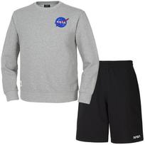 Nasa Unisex Loose Fit Sweatshirt With Wappen + Knee-Length Cotton Shorts Set [Light Melange + Black] 100