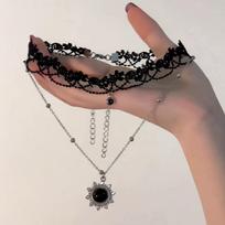 Gothic Vintage Sun Pendant Chain Black Lace Multi Layer Choker Necklace For Women Egirl Charm Halloween Jewelry Accessories Gift