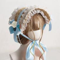 Flat Top Lolita Bonnet Lace Bow Ribbon Flower Cap Elegant Lolita Straw Hat  Beach Vacation