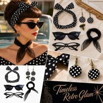 Retro Party Costume Accessory Set - Headband, Scarf, Glasses & Earrings for Women One Size juoda