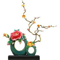 Aris & Juno Chinese Feng Shui Flower & Ring Decoration Set - Ru Hua Si Jin Figurine with Brass Flower and Ring for Home Office Decor, Business Gift