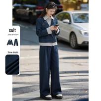 Women's Patchwork Denim Jacket & Wide-Leg Pants Two-Piece Set M džinsinio mėlyna spalva