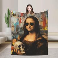 Starry Night Sunflower Mona Lisa Super Soft Blankets Funny Picnic Throw Blanket Outdoor Flannel Bedspread Sofa Bed Cover Size: 75*100cm, Weight: 230 GSM
