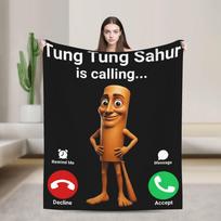 Tung Sahur Is Calling Funny Fishing Brainrot Meme Blanket Warm Plush Throw Blanket For Students Bed Flannel Bedspread Bed Cover Size: 75*100cm, Weight: 230 GSM