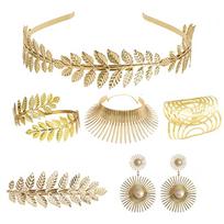 PESENAR Greek Goddess Costume Accessories Women Toga Golden Leaves Bridal Crown Headband Bracelet Pearl Earrings and Hair Pins