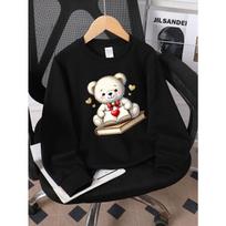 Kids Unisex Crewneck Sweatshirt, Cute White Teddy Bear Reading Books With Red Bow Golden Hearts Cartoon Print Soft Pullover For Kids Over 4 Years Old 110 juoda
