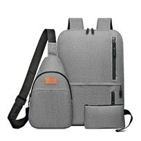 New Fashion Backpack Male Student School Bag Travel Bag Casual Notebook Three-piece Business Computer Bag pilka spalva