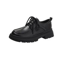 Women's Black Matte Lace-Up Shoes with Thick Soles, Height-Enhancing, British Style, New for Spring and Autumn 2024. 36