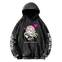 Kanroji Mitsuri Hoodis Anime Demon Slayer Megztinis Moterims Vyrams Drabužiai Ilgomis Rankovėmis Streetwear Skalbtas Medvilninis Megztinis Su Gobtuvu S juoda