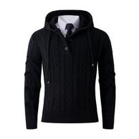 Men's Solid-color Casual Long-sleeved Hooded Pullover, Men's Button Collar Embossed Texture Warm Knitted Sweater L juoda