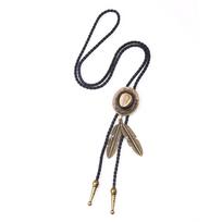Retro Cowboy Jazz Hat with Feather & Cowhide Bolo Tie antikvarinės bronzos spalvos