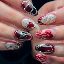 24PCS almond shape Press On nails with 3D Chrome love heart Valentines Day Rose romantic Removable False Nails