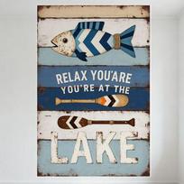 Rustic Weathered Lake Sign with Fish & Oars Tin Sign, Blue White Wooden Plank Metal Wall Decor for Bar Pub Home Cafe, Relax You’ 20x30cm（7.8x11.8inch）