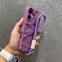 Luxury Matte Wrinkle Matte Wrist Strap Case for iPhone 17 Air 16 15 14 13 12 11 17 Pro Max Candy Ripple Soft Lanyard Cover Funda iPhone17 violetinė