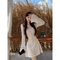 Hollow Lace Bell Sleeve Dress - Women's Elegant Slimming Autumn Style, Waist-Cinching Long Sleeve Skirt Small
