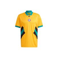 Adidas SS23 Icons Retro Series Bayern Munich Shirt, Men Half-Fluorescent Gold V-Neck Short Sleeve Loose Fit Football Soccer Tops HT8833 L