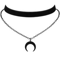 Double Layer Velvet Ribbon Layered Horn Crescent Moon Choker Gothic Style Neckband Necklace Accessory for Alternative Fashion One Size