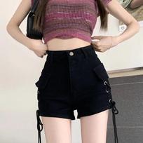 Womens High Waist Lace-Up Denim Shorts S