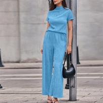 Women's Two Piece Set High Neck Short Sleeve Loose Fit Top with Wide Leg Pants Casual Lounge Wear Set M