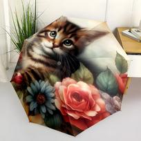 Automatic Open/Close Umbrella with Shield & - Cute Floral kitten, Pink Roses, Beige Background - Sturdy 8-Rib Construction - C