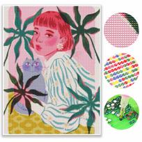 Diamond painting kit girl with cat tropical leaves. full diamond round mosaic handmade. home decoration gift Round 20x30cm