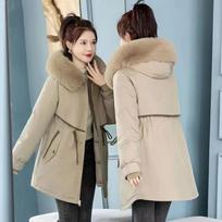 Women's Mid-Length Winter Fleece-Lined Thickened Parka with Detachable Lining Slim-Fit Jacket M chaki