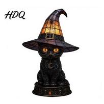 Witch Hat Lamp Halloween Cat Night Light Resin Table with Warm Entryway Decorative Glow Gothic Home Decor for Bedroom Shelf Spooky Gift Light S